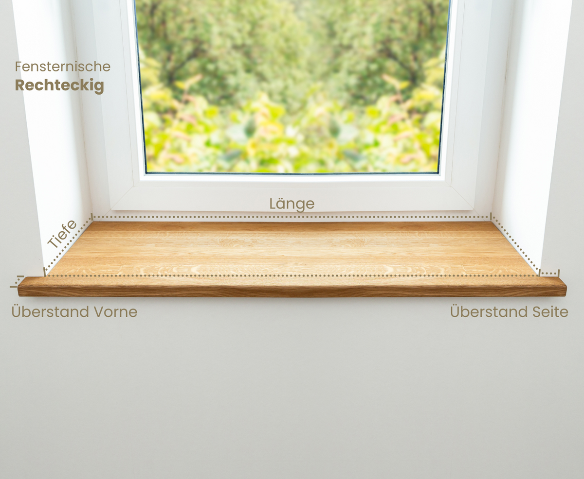 Fensterbank mit Beschriftungen für Länge, Tiefe und Überstand als Ausmesshilfe für rechteckige Nische.