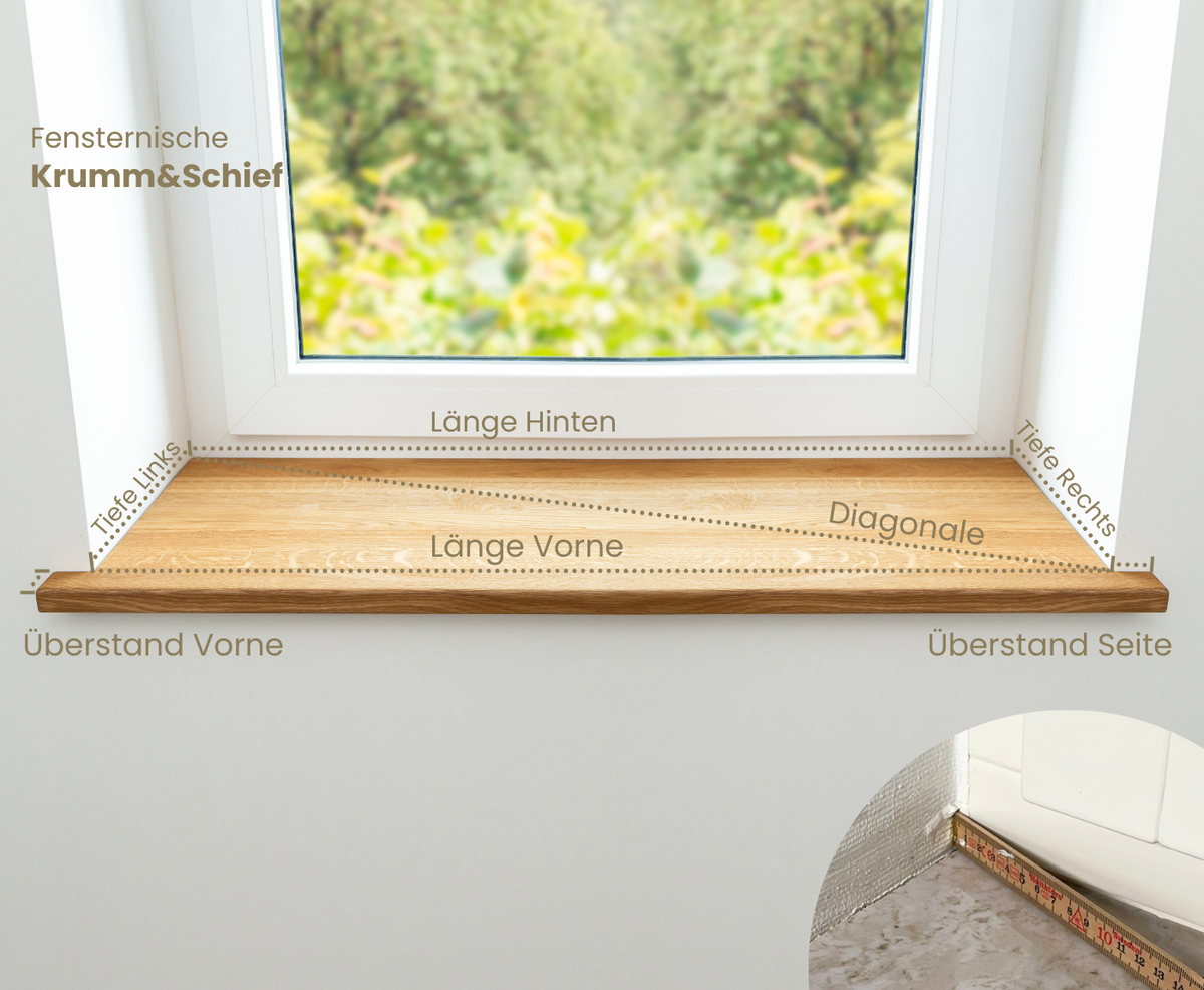 Fensterbank mit Beschriftungen für Länge, Tiefe und Überstand als Ausmesshilfe für krumme Nische.