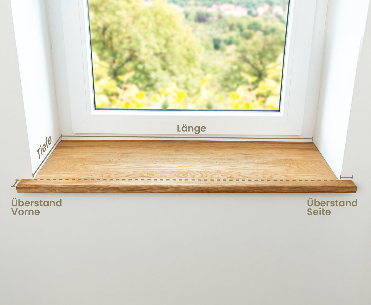Fensterbank beschriftet mit Überstand, Länge und Tiefe als Ausmesshilfe.