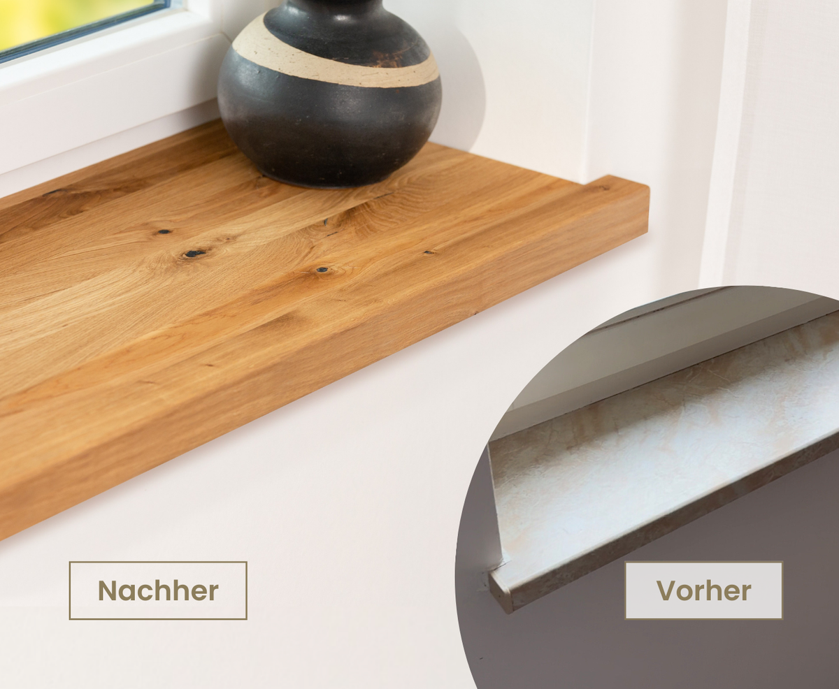 Vergleich der alten Fensterbank innen mit einer Aufsatzfensterbank aus Eiche Astig im Vorher-Nachher-Bild.