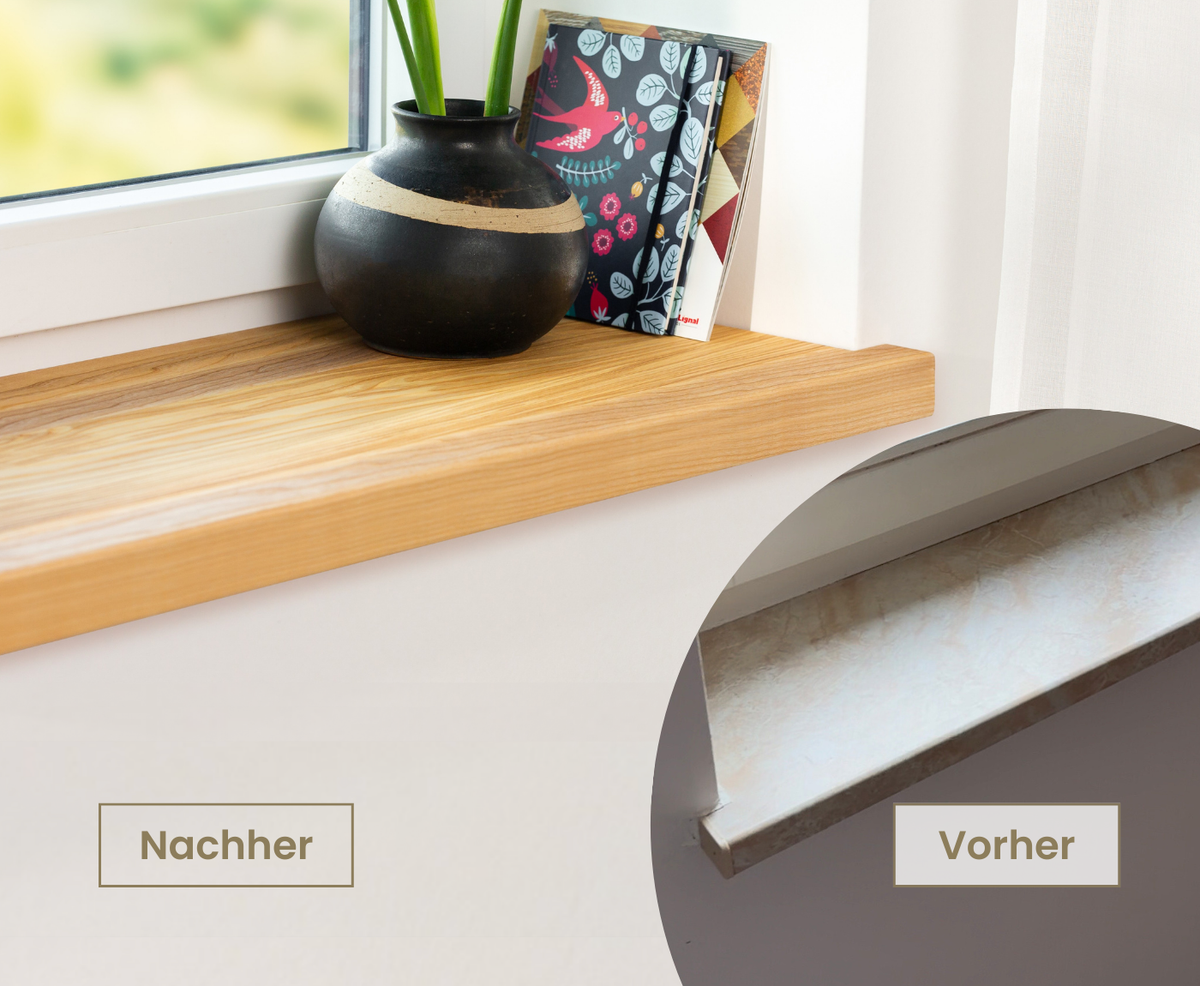 Vorher-Nachher-Bild: Alte Fensterbank aus Marmor wird durch Aufsatzfensterbank Esche vollständig überdeckt.