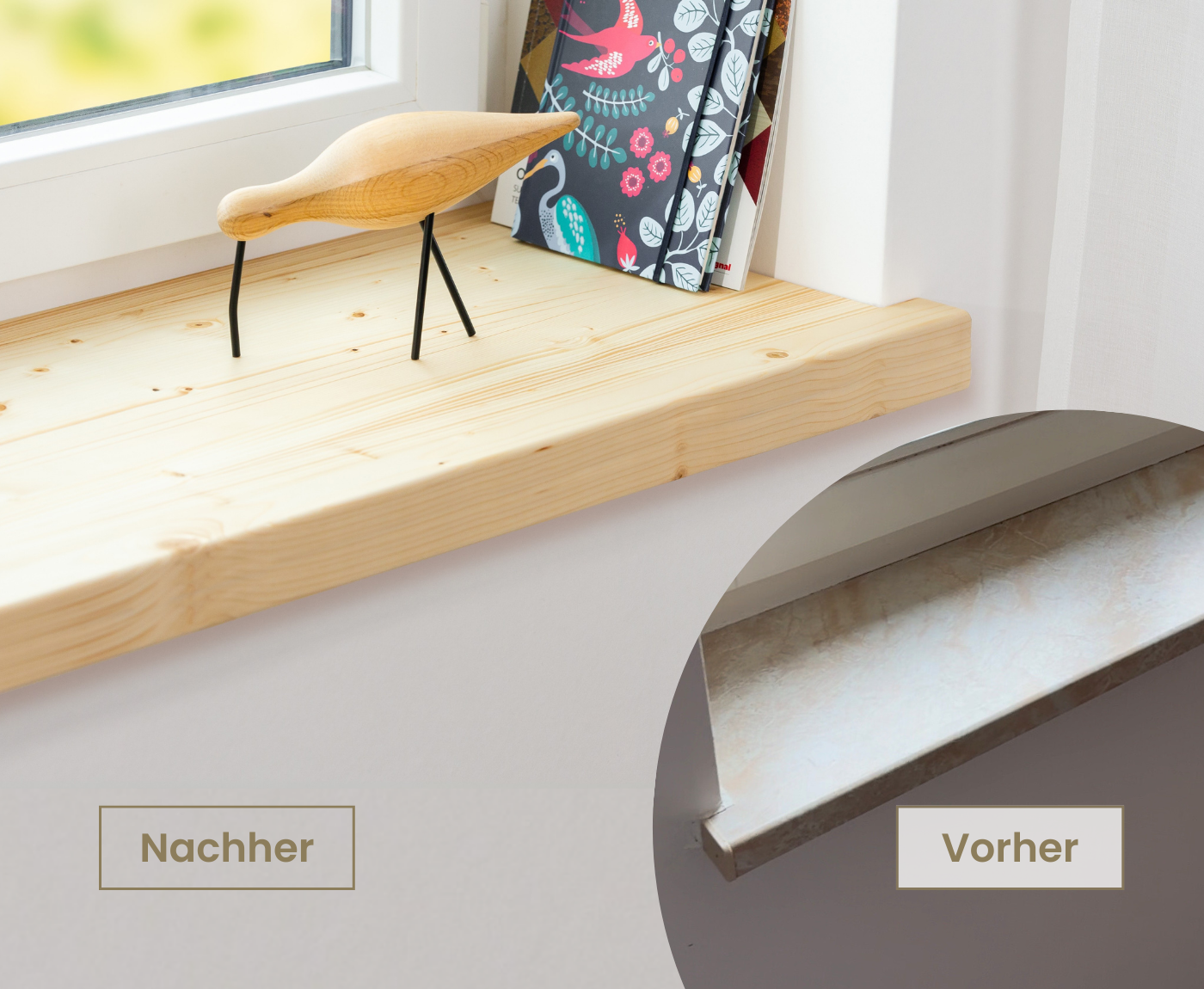 Helle Aufsatzfensterbank aus Fichte, verdeckt alte Fensterbank im Innenbereich vollständig. 