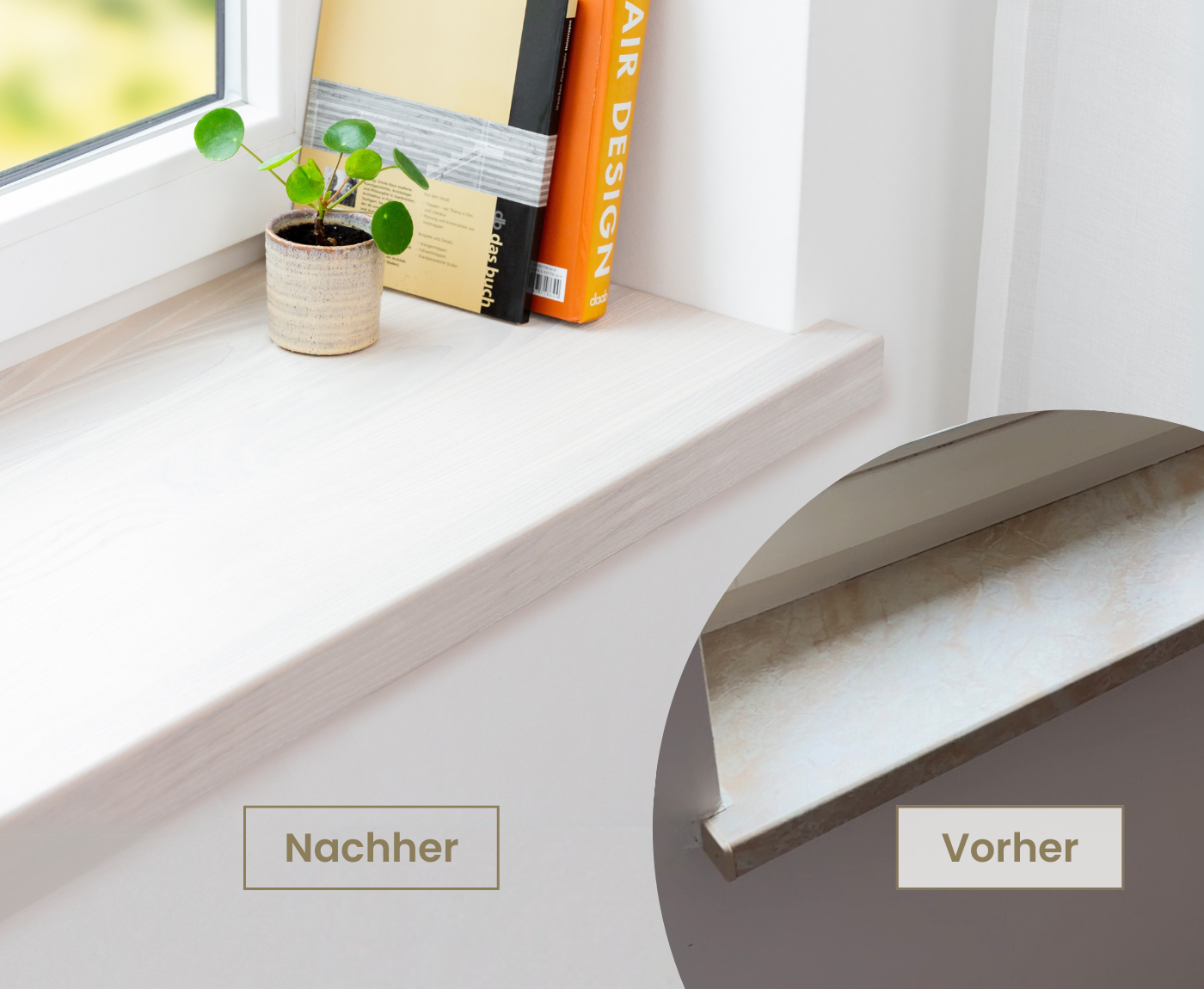 Weiße Aufsatzfensterbank aus Holz im Innenbereich. Verdeckt alte Fensterbank vollständig - mit Pflanze und Büchern.