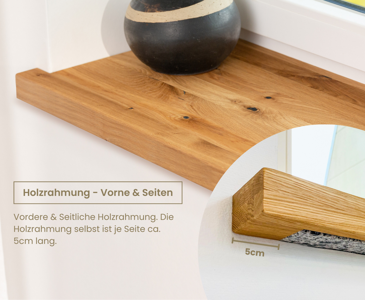 Aufsatzfensterbank mit 5cm Holzrahmung nach vorne und zu den Seiten, um alte Fensterbank komplett zu verdecken.