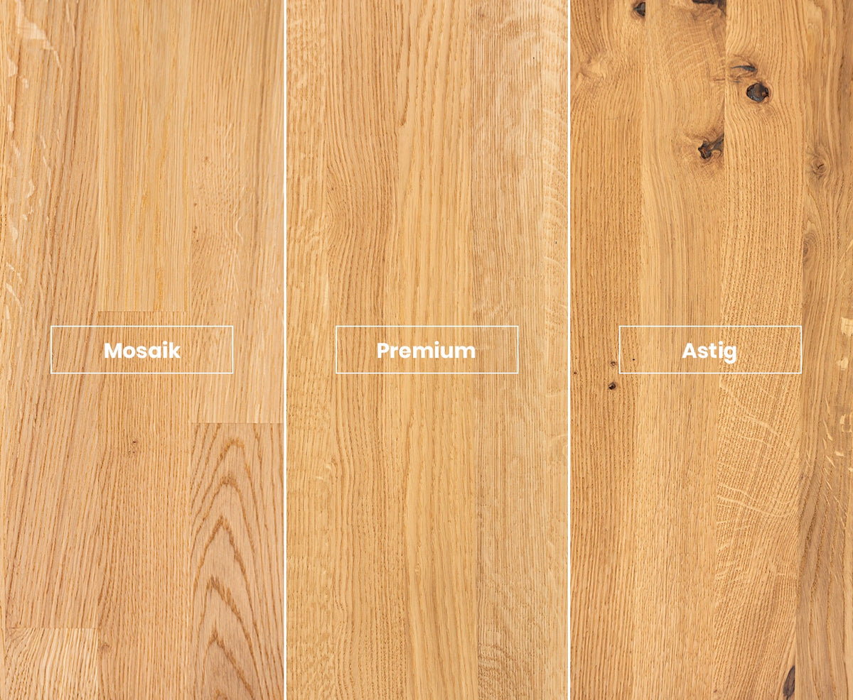 Vergleich der drei Holzvarianten Eiche Mosaik, Premium und Astig.