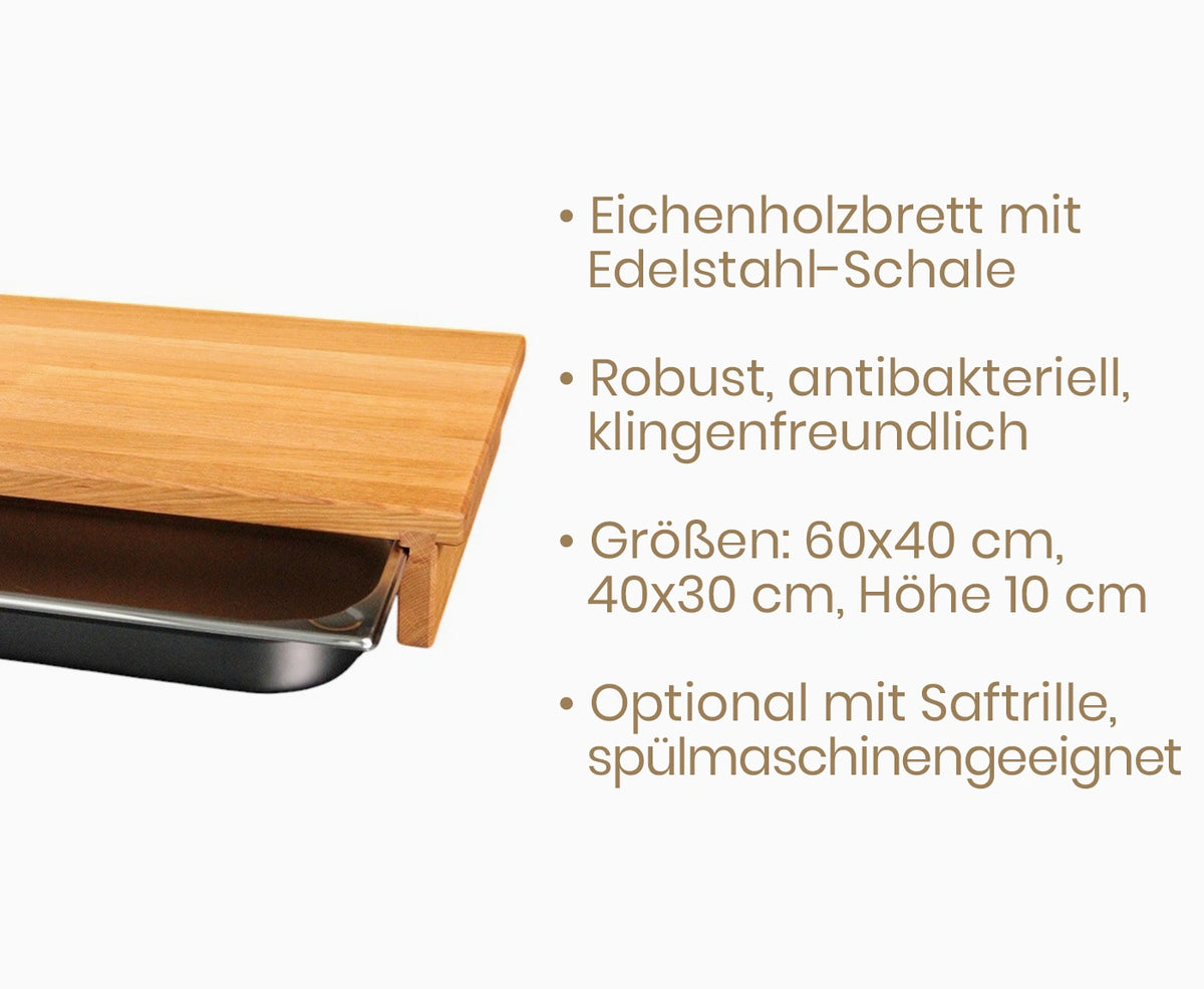 Schneidebrett mit Auffangschale und Beschriftungen zu Produkteigenschaften.