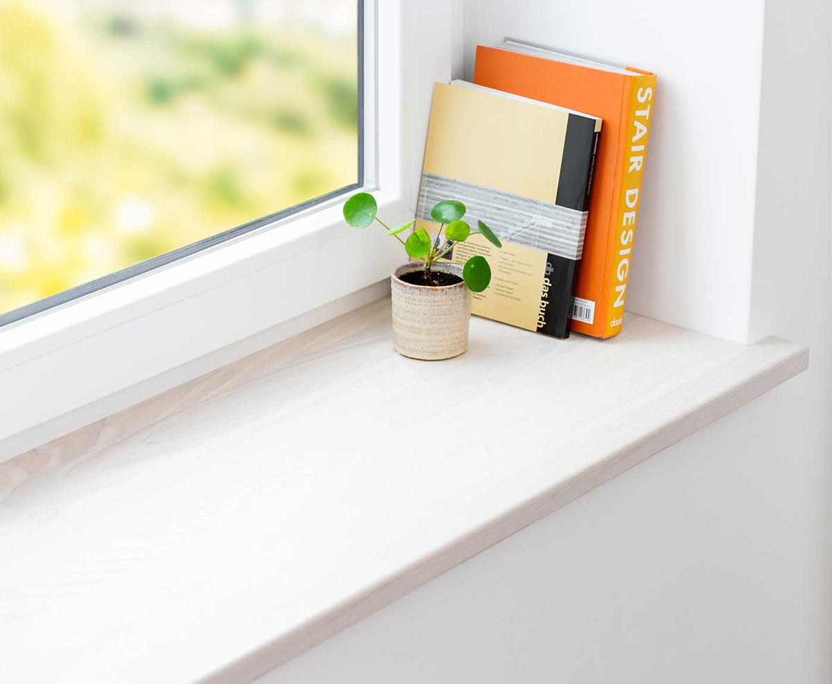 Seitliche Aufnahme einer weißen Fensterbank innen aus Holz, dekoriert mit Pflanze und Büchern.