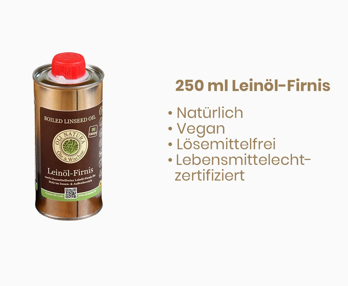 Leinöl-Firnis in Metalldose mit nebenstehenden Produkteigenschaften.