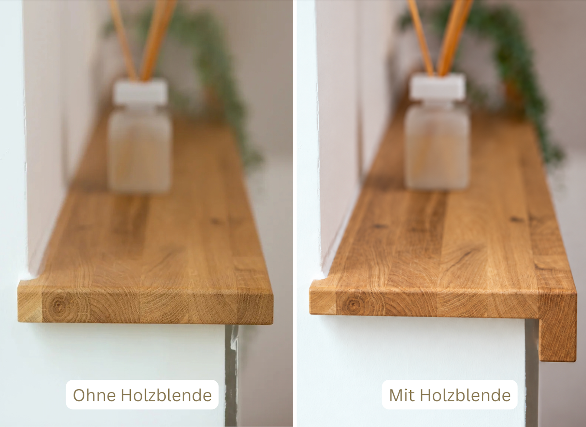 Mauerablage aus Eiche als Mauerabdeckung über Spülkasten im Bad. 
