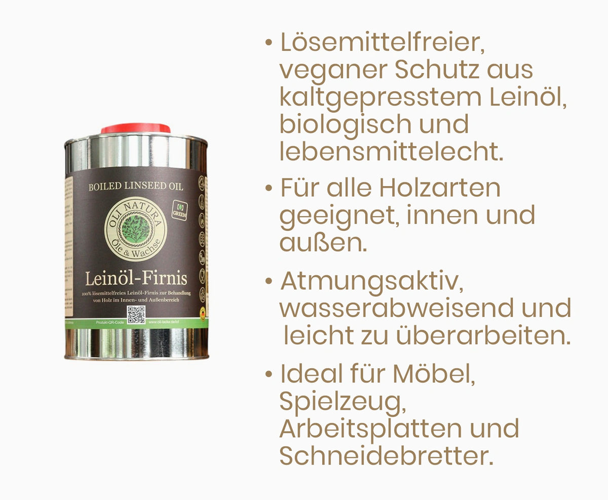 Produkteigenschaften und Metalldose mit Oli-Natura Leinöl-Firnis.