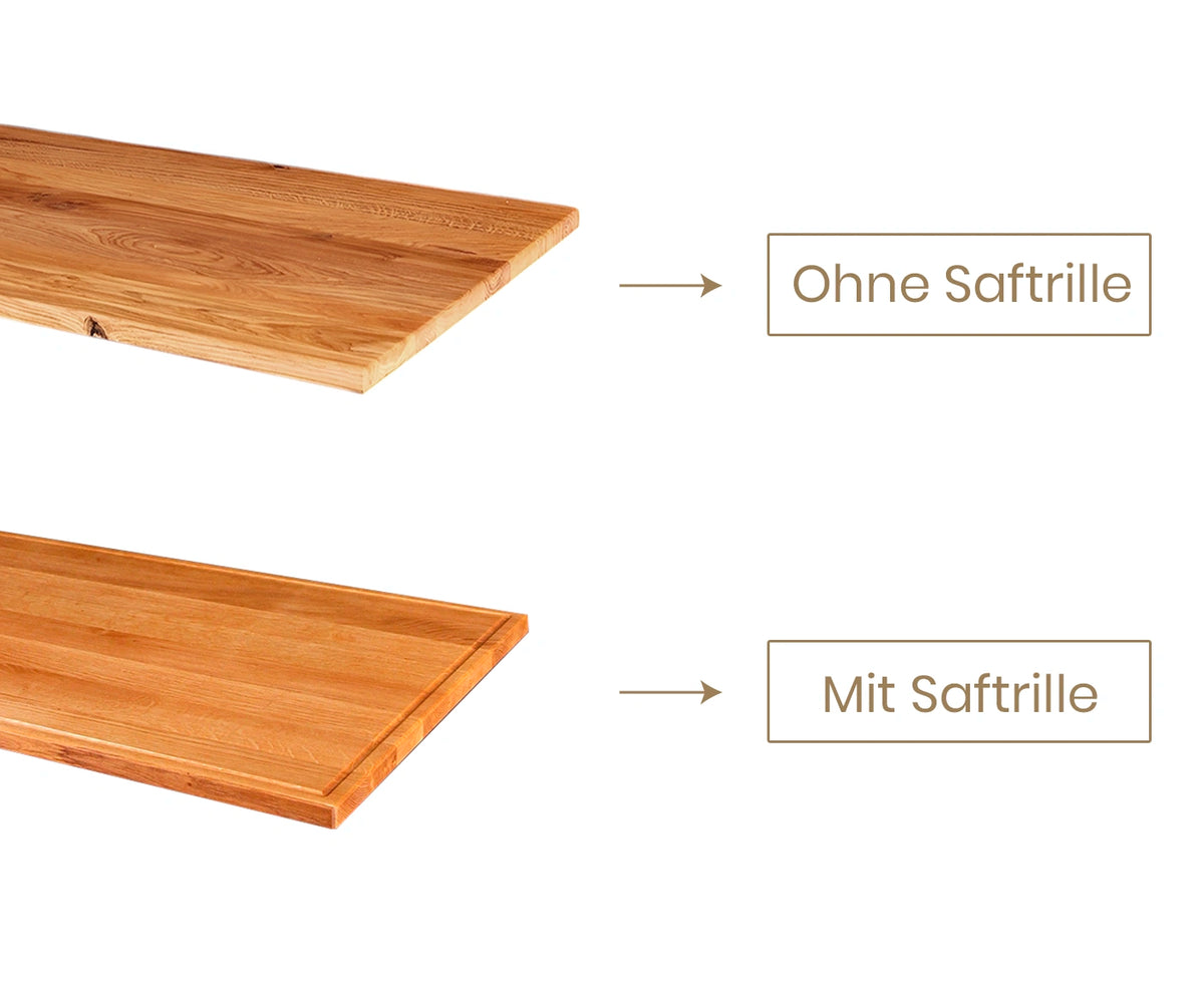Vergleich von Schneidebrett aus Holz mit und ohne Saftrille.