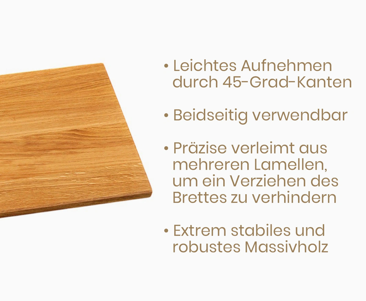 Beschriftungen mit Produktvorteilen, neben dem Stirnholz Schneidebrett Schweizer Kante