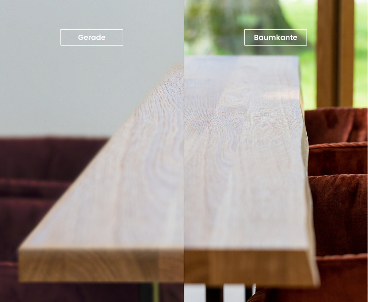 Vergleich von Baumkante und Grader Kante für Tischplatte aus Holz
