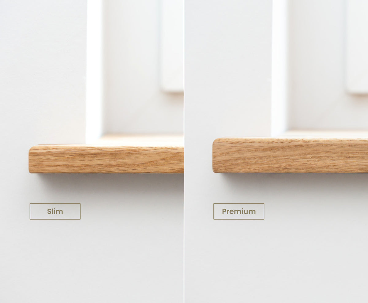 Vergleich der Stärken Slim und Premium für Fensterbank aus Holz.